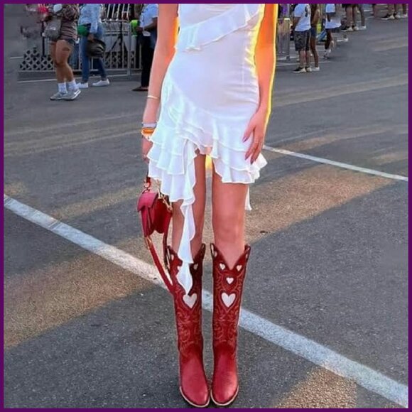Women's Knee High Cowboy Boots Wide Calf Round Toe Chunky Heel Embroidered - Picture 3 of 8